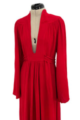 Amazing 1970 Ossie Clark 'Graduation' Deep Front Plunge Maxi Dress in a Red Moss Crepe