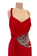 Fabulous 2000s Versace by Donatella Red Crepe Dress w Rhinestone & Silver Chain Detailing