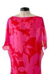 Dreamiest 1990s Yves Saint Laurent Oversized Floral Print Pink & Red Silk Chiffon Caftan Dress