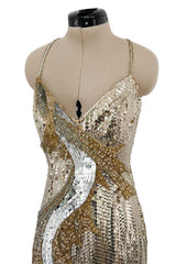 Incredible 1970s Loris Azzaro Densely Covered Gold & Silver Sequin, Bead & Silk Chiffon Dress