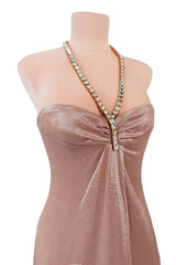 Outstanding Fall 2000 Thierry Mugler Dusty Pink Metallic Dress w Rhinestone & Metal Collar