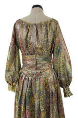 Gorgeous 1960s Unlabeled Gold Lurex Metallic Dress w Floral Print & Full Sleeves
