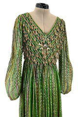 Exquisite 1960s James Galanos Metallic Green & Gold Silk Dress w Heavily Beaded Bodice