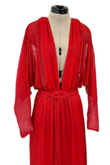 Iconic Resort 1980 Runway Fully Hand Beaded on Red Silk Chiffon Halston w Plunge Front