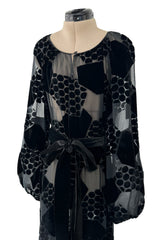 Fantastic Early 1970s Miss Dior Black Silk Velvet Fused Onto Black Transparent Silk Chiffon Dress