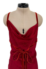 Exquisite Fall 1999 John Galliano Deep Red Bias Cut Patterned Silk Backless Dress w Velvet Ribbon Details