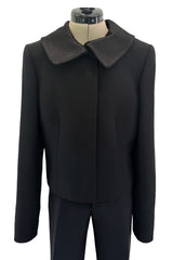 Minimalist Fall 2000 Gucci by Tom Ford Runway Look 3 Black Pant Suit w Leather Collar Detailing