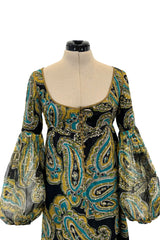 Rare 1960s Thea Porter Couture Printed Silk Chiffon Dress w Gold Sequins & Gold Metal Thread Detailing