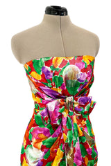 Prettiest 1980s Arnold Scaasi Strapless Metallic Finished Brilliant Floral Print Dress w Bow