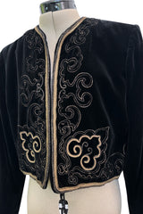 Fantastic 1970s Yves Saint Laurent Cropped Boc Cut Black Velvet Jacket w Metallic Gold Cord Detailing