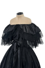 Dramatic 1970s Louis MiesOff Shoulder Haute Couture Silk Dress w Hand Made Lace & Full Skirt