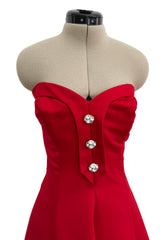 Prettiest 1980s Victor Costa Clear Red Strapless Dress w Full Skirt & Underskirts & Large Rhinestone Dome Buttons