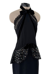Phenomenal 1997 Christian Lacroix Black Silk Halter Dress w Rhinestone & Velvet Detailing
