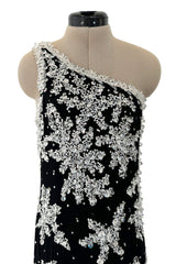 Incredible 1960s Adolfo Black Silk Chiffon One Shoulder Dress w Extensive Hand Bead & Sequin Detailing