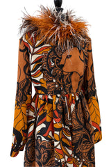 Early 1970s Bill Blass Couture Hand Beaded Lion Print Dress w Elaborate Feather Collar