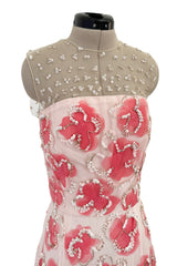 Dreamy 2000s Oscar de la Renta Pink Net & Floral Silk Dress w Bead & Flower Sequin Detailing