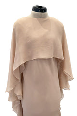 Fall 1975 Halston Runway Pale Neutral Bias Cut Silk Chiffon Dress W Ruffled & Open V Back