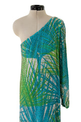 Phenomenal c.1972 La Mendola Hand Beaded Green Printed Caped One Shoulder Silk Jumpsuit