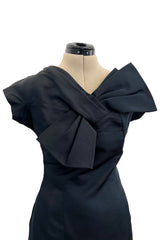 Fabulous Early 1960s Neusters Dior Feeling Black Silk Dress w Front Bow Detail