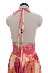 Spring 1981 Bill Tice Deco Pattern Printed Tissue Silk Backless Jumpsuit w Balloon Pouf Legs