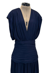 Resort 1986 Yves Saint Laurent Deep Plunge Front Blue Draped Silk Jersey Dress