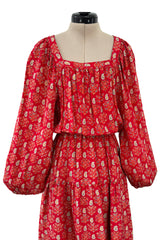 Prettiest 1970s Hanae Mori Red Print Light Silk Dress w Full Balloon Sleeves & Tiered Skirt