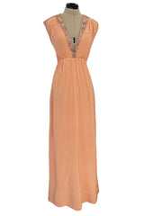 Documented 1960s Tiziani Couture by Karl Lagerfeld Peach Silk Plunge Dress w Matching Feather Cape
