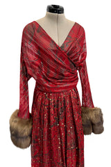 Incredible Fall 1979 Bill Blass Couture Red Silk Chiffon Dress w Gold Sequins & Mink Cuffs