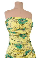 Documented Spring 1988 Emanuel Ungaro Pale Yellow Silk Taffeta Strapless Dress w Floral Print