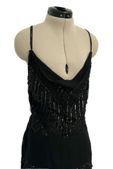 Exquisite 1990s Valentino Heavily Beaded Black Silk Chiffon Dress w Draped Neckline & Bare Back