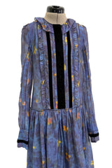 Prettiest 2000s Rochas by Olivier Theyskens Blue Silk Floral Watercolour Dress w Ruffles & Velvet Trim