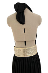 Documented 1981 Bill Tice Plunge Front Black & Gold Nylon Jersey Backless Halter Dress