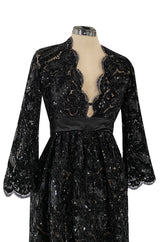 Incredible Fall 1970 Donald Brooks Runway Black Chenille & Sequin Net Lace Dress w Plunge Front