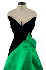 Fall 1987 Arnold Scaasi Black Strapess Velvet & Green Full Skirt Silk Dress