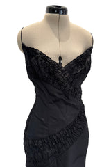 Outstanding 2000s Richard Tyler Black Silk Dress w Gathered Inserts & Scooped Open Back