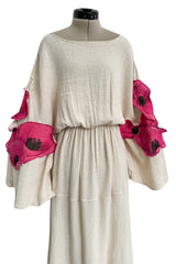 Gorgeous 1970s Unlabeled Raw Natural Cotton Dress w Huge Pink Floral Appliques