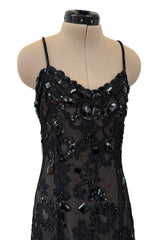 Incredible 1970s Christian Dior by Marc Bohan Demi-Couture Elaborately Beaded Black Lace Net Dress