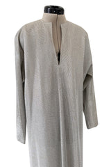 Fantastic 1970s Halston Metallic Silver Lame Lurex Full Length Caftan Dress w Notched Neckline