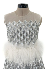Fantastic Fall 2019 Huishan Zhang Silver Sequin on White Net & Organza Dress w Feather Detailing