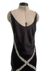 Outstanding Fall 2004 Alexander McQueen Bias Cut Black Silk Dress w Bare Back & Silver Thread Ribbon Detailing