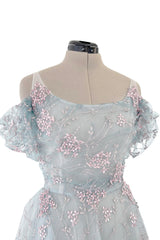 Dreamy Luisa Beccaria Pale Turquoise Net Off Shoulder Dress w Pink & Gold Embroidery