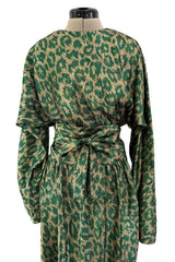 Incredible Fall 1979 Halston Runway Feather Light Green & Metallic Gold Lurex Dress w Original Belt