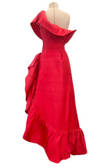 Prettiest 1970s Loris Azzaro Red Silk Gazaar One Shoulder Dress w Ruffled Detailing & Side Bow