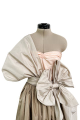 Dreamy Early 1980s Bill Blass Pink, Champagne & Taupe Silk One Shoulder Dress w Full Skirt