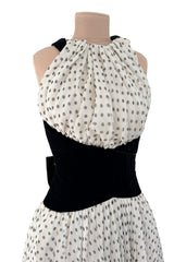 Dreamy Spring 1987 Jacqueline de Ribes Runway & Ad Campaign Silk Chiffon Dot Dress w Black Velvet Bow Detailing