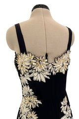 Bombshell Late 1940s Early 1950s Deep Blue Silk Wiggle Dress w Hand Cut Sequin Floral Applique