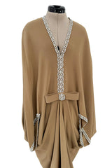 Incredible 1978 Pierre Cardin Haute Couture Soft Taupe Silk Cape Dress w Rhinestone Detailing