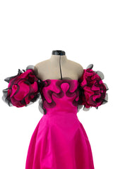 Book Documented Spring 1988 Bill Blass Bright Pink Silk & Black Net Ruffle Dress w Pouf Sleeves