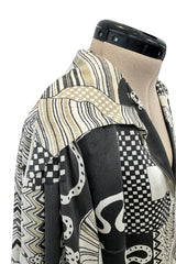 Beautiful & Rare 1970s Thea Porter Balloon Sleeve Grey Toned Printed Top w Pointed Collar