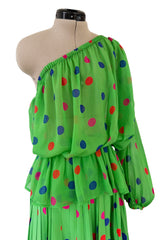 Demi-Couture Spring 1989 Nina Ricci Runway Dotted Silk Skirt & Silk Chiffon One Shoulder Top Set